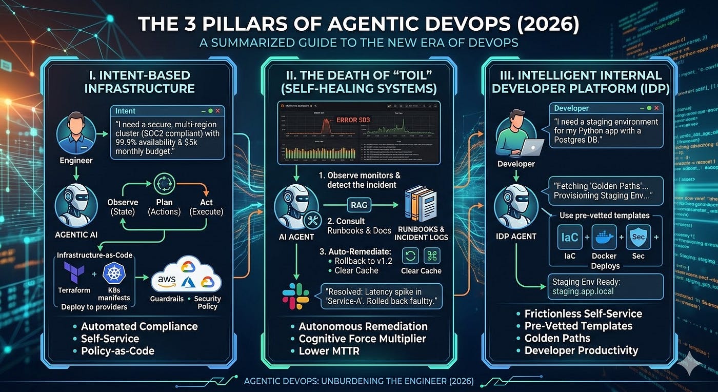 Illustration of the 3 Pillars of Agentic DevOps: Intent-Based Infrastructure, Self-Healing Systems, and the Intelligent Internal Developer Platform